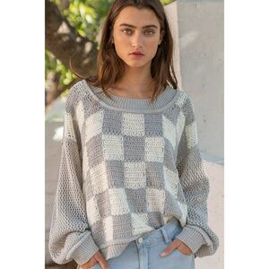 POL Catching Feelings Checkered Sweater in Grey/White FST250A